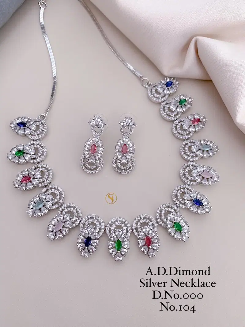 1040 AD Diamond Silver Wedding Wear Necklace Set Wholesale Price In Surat
